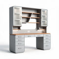 Modern computer desk with bookcase storage in gray and wood finish 150 x 60 x 180cm