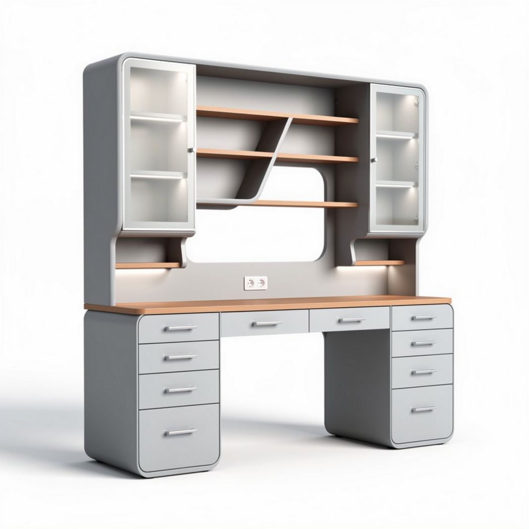 Modern computer desk with bookcase storage in gray and wood finish 150 x 60 x 180cm