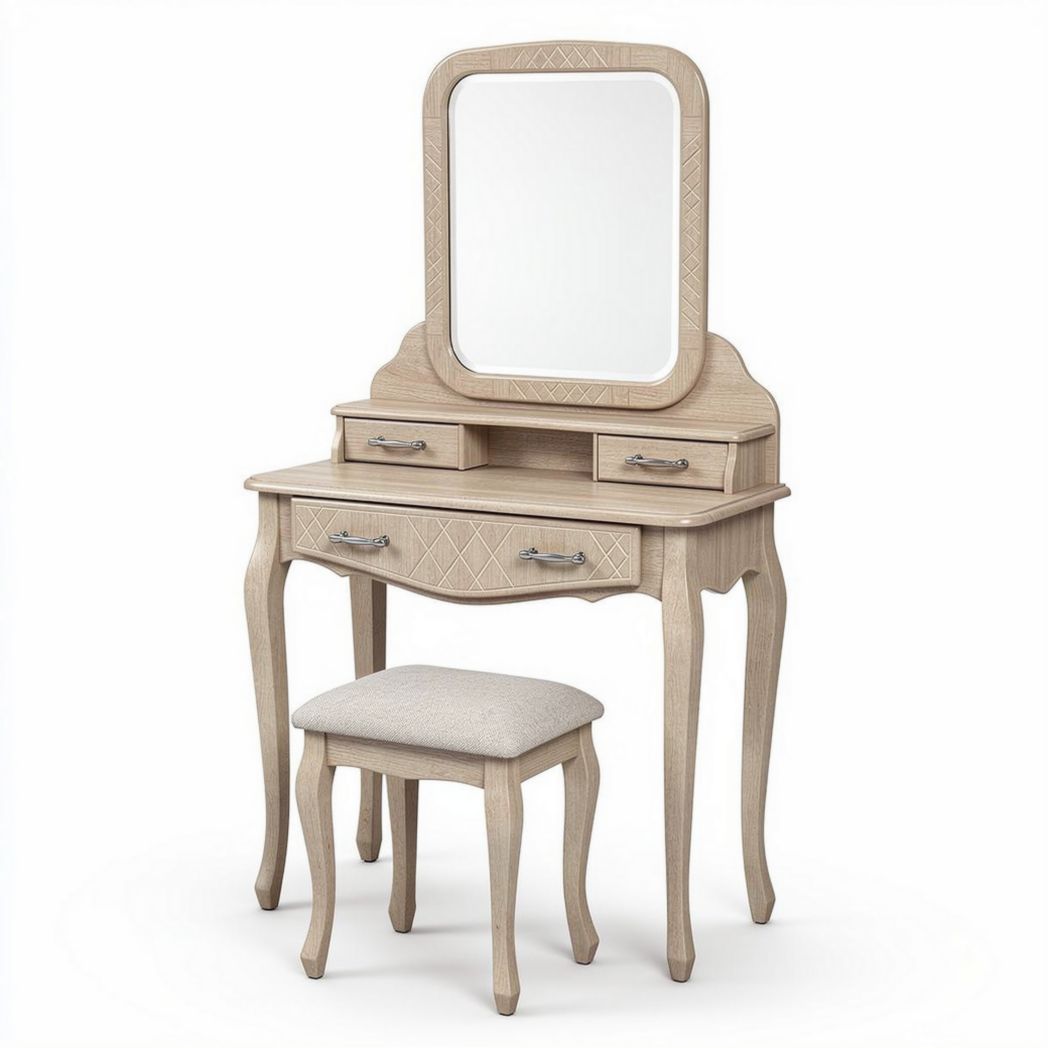 Wooden vanity set with mirror and stool in natural finish 100 x 40 x 150cm