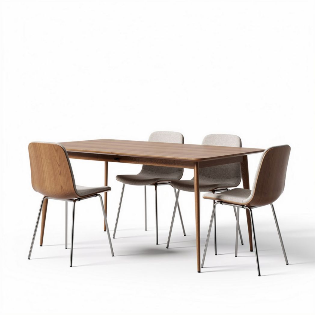 Wooden dining table set with four upholstered chairs in natural finish