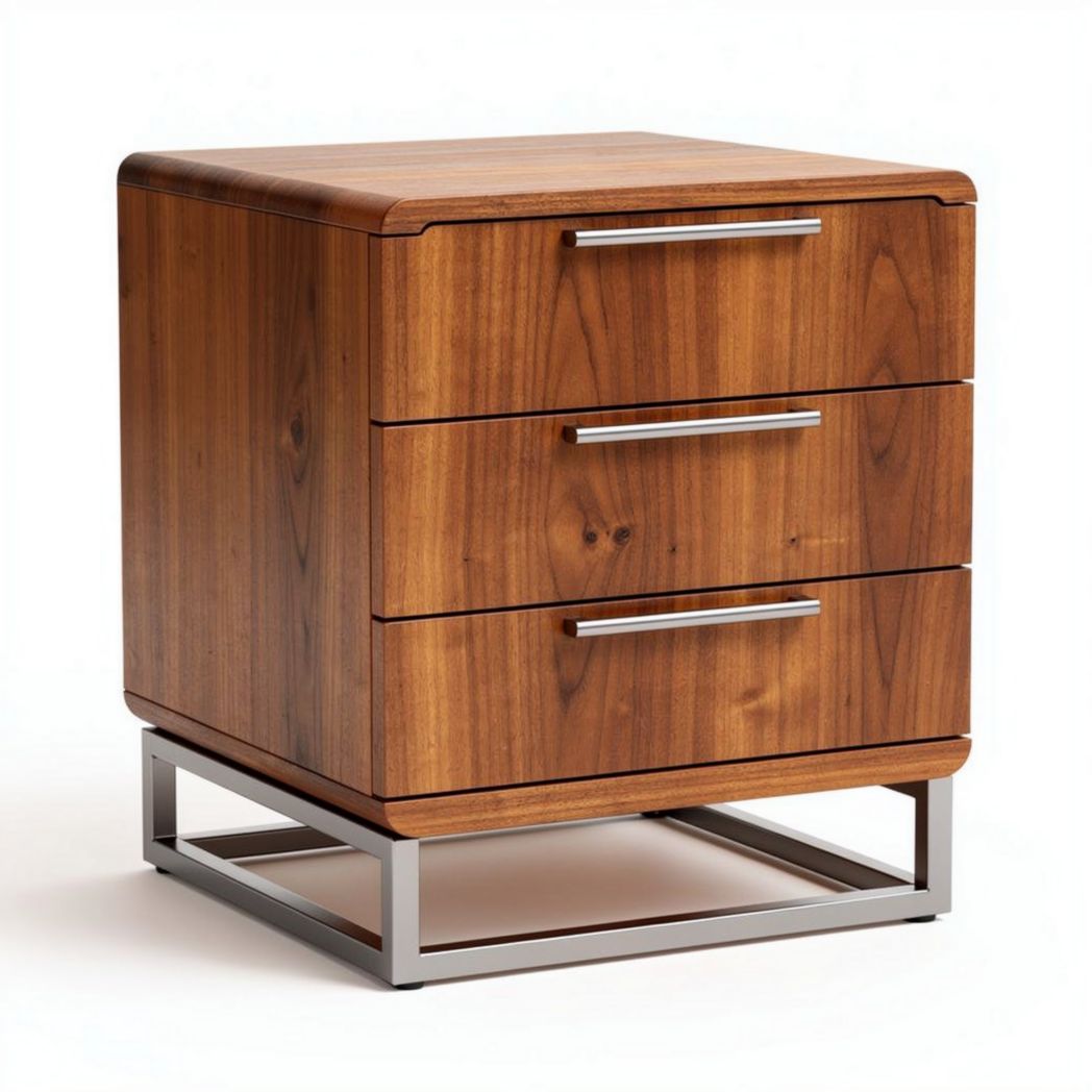 Wooden nightstand with three drawers and metal base 45 x 45 x 60cm
