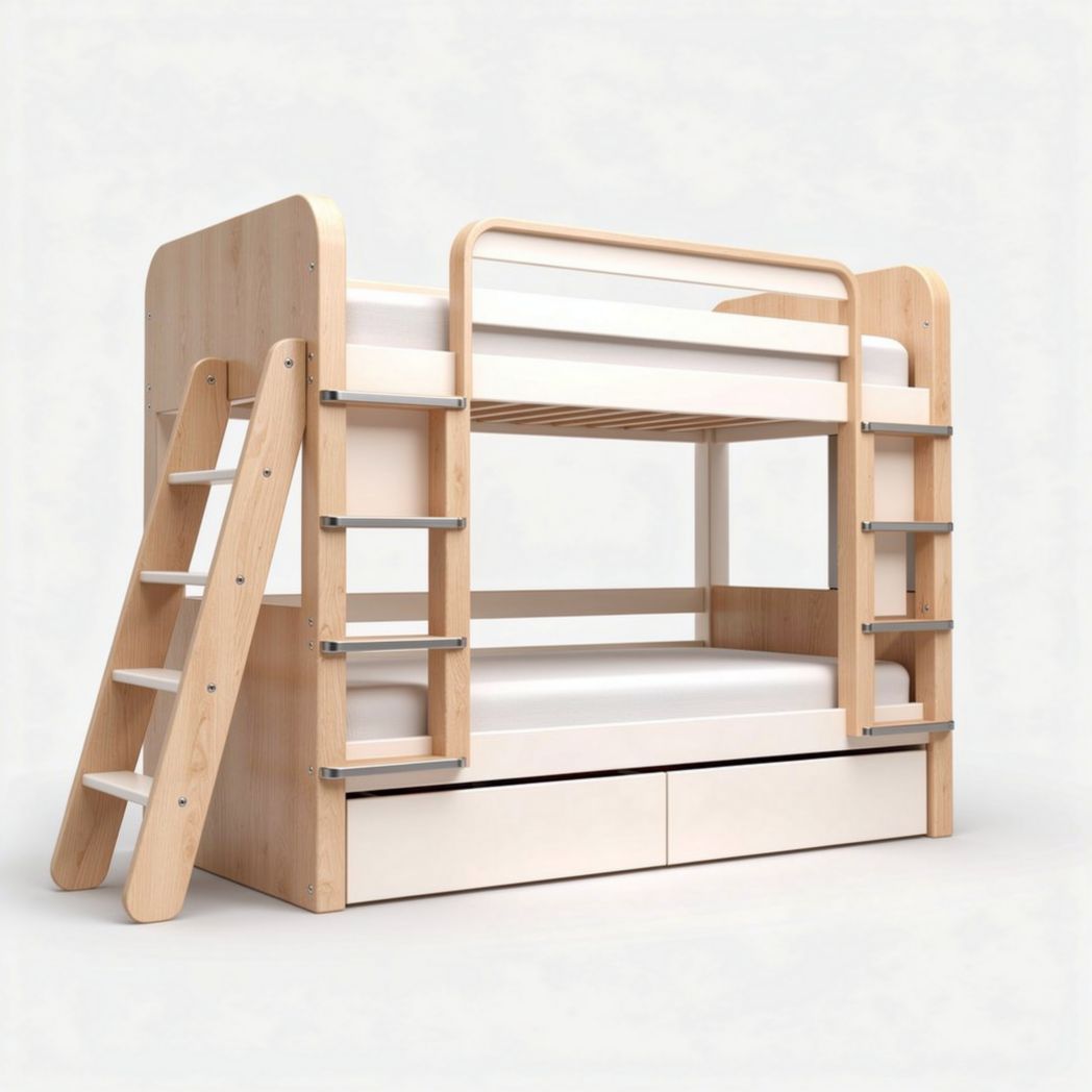 Bunk bed with integrated storage drawers and solid wood construction