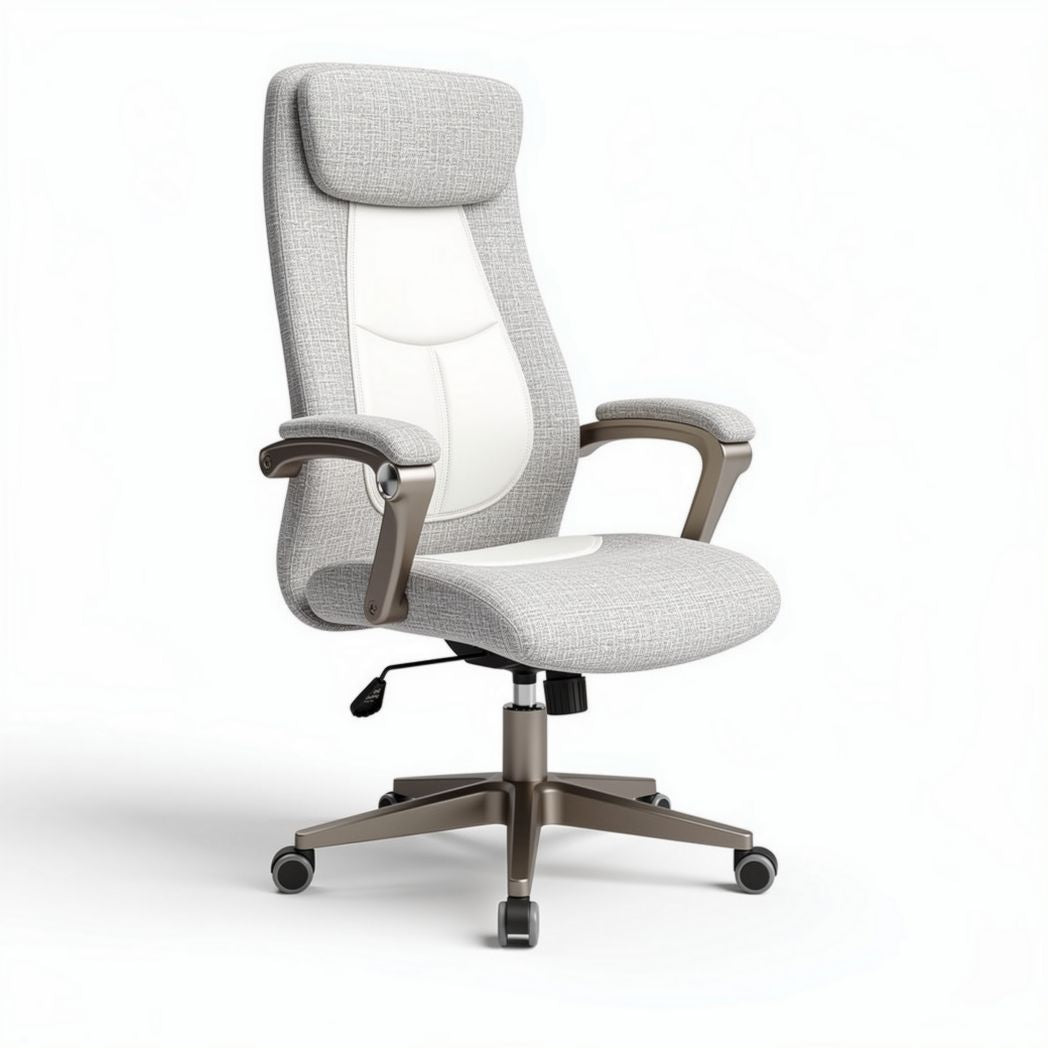 Ergonomic grey office chair with adjustable height and padded armrests