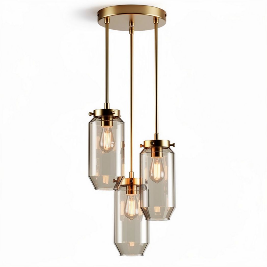 Three-bulb pendant light fixture with glass shades and gold finish 20 x 20 x 50cm
