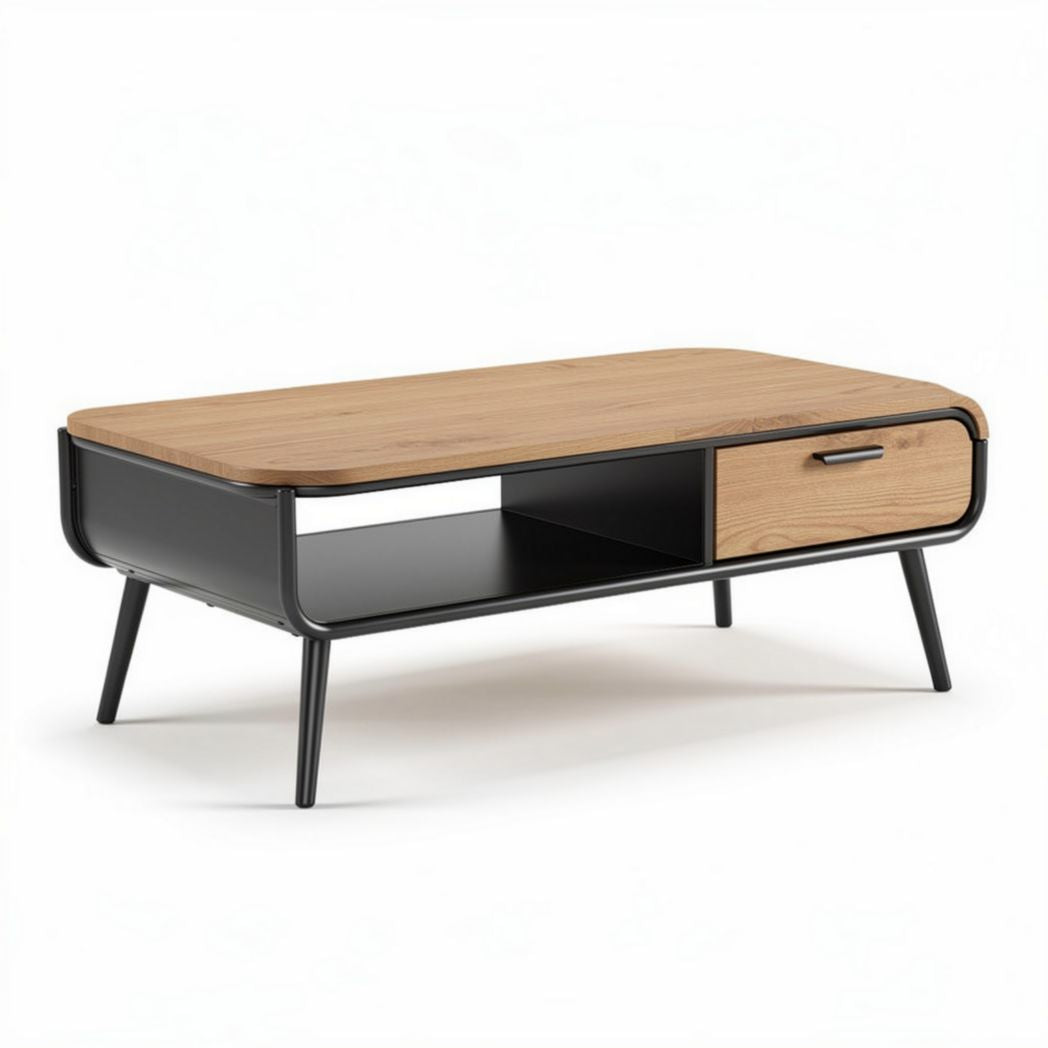Wood and metal coffee table with storage drawer 120 x 60 x 40cm