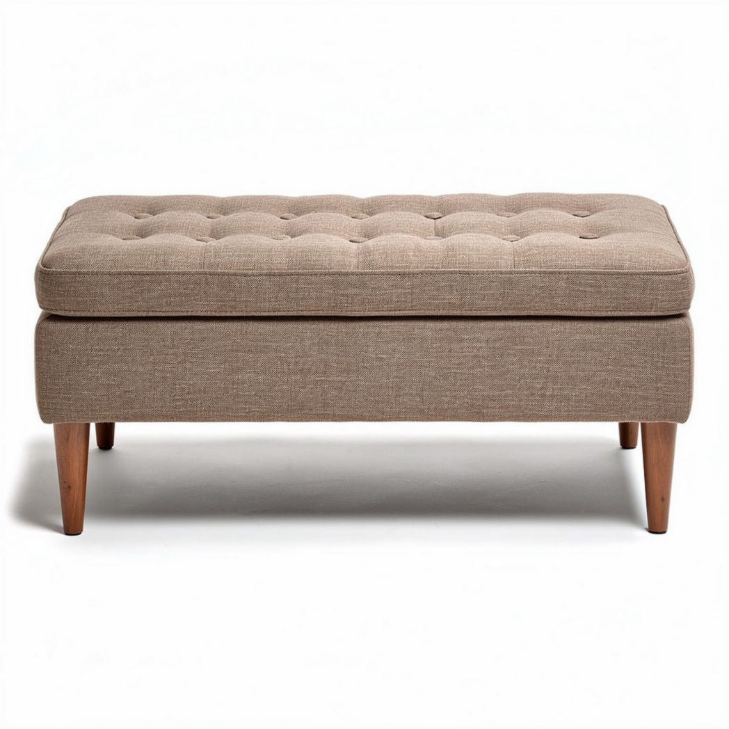 Fabric ottoman with tufted top and wooden legs in beige color 100 x 50 x 40cm