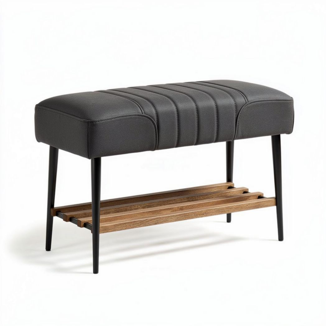 Leather upholstered bench with wooden storage shelf 100 x 40 x 45cm